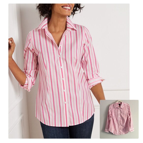 Talbots Plus Non-Iron Perfect Shirt Pink White Stripe Sz 16W NWT - Picture 1 of 10